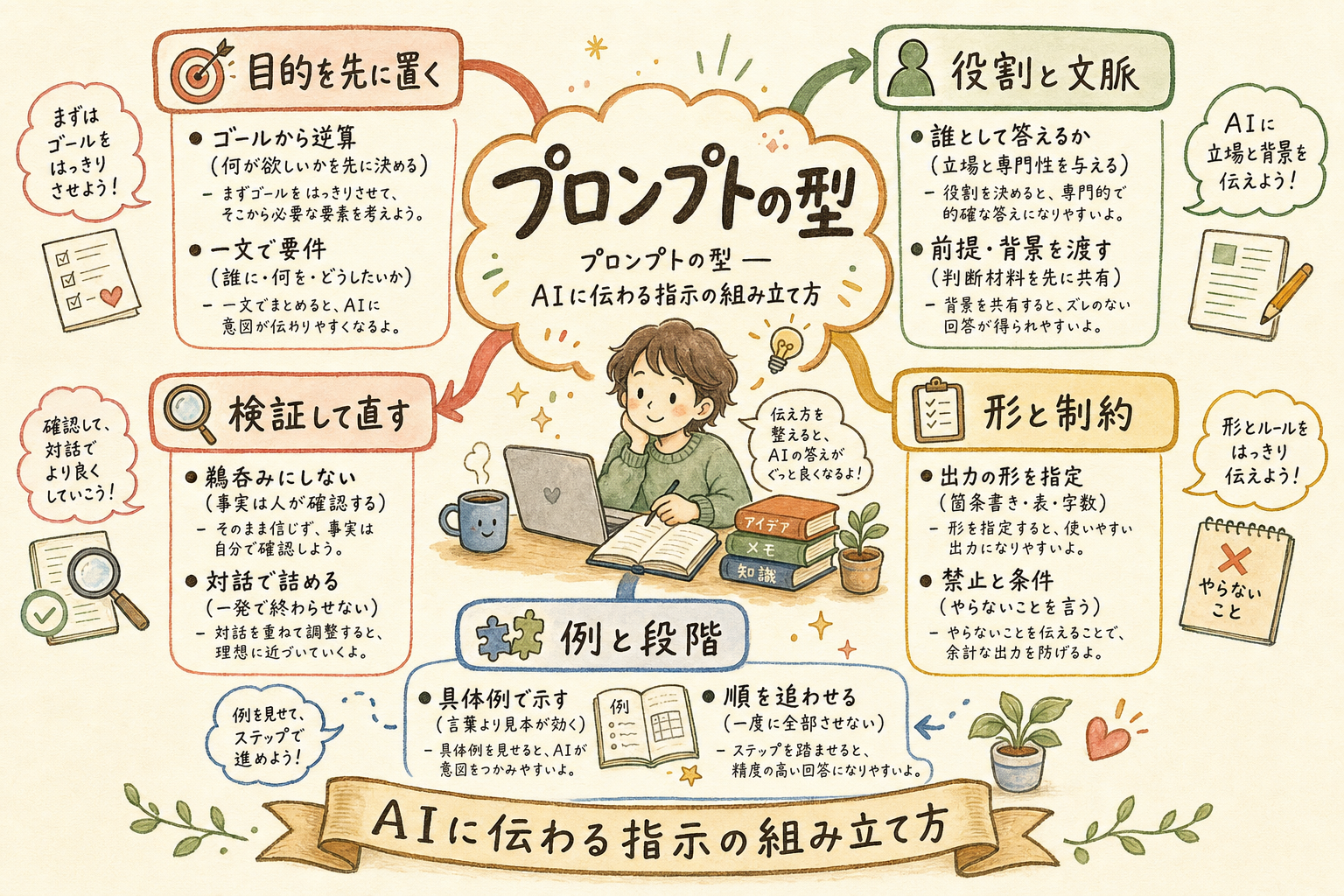 「プロンプトの型」の詳細マインドマップ:目的を先に置く・役割と文脈・形と制約・例と段階・検証して直す