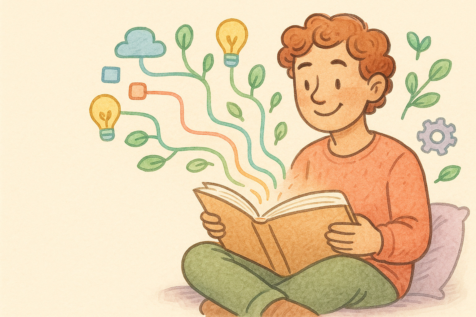 本を読むと、アイデアが1枚のマインドマップに広がる様子のイラスト