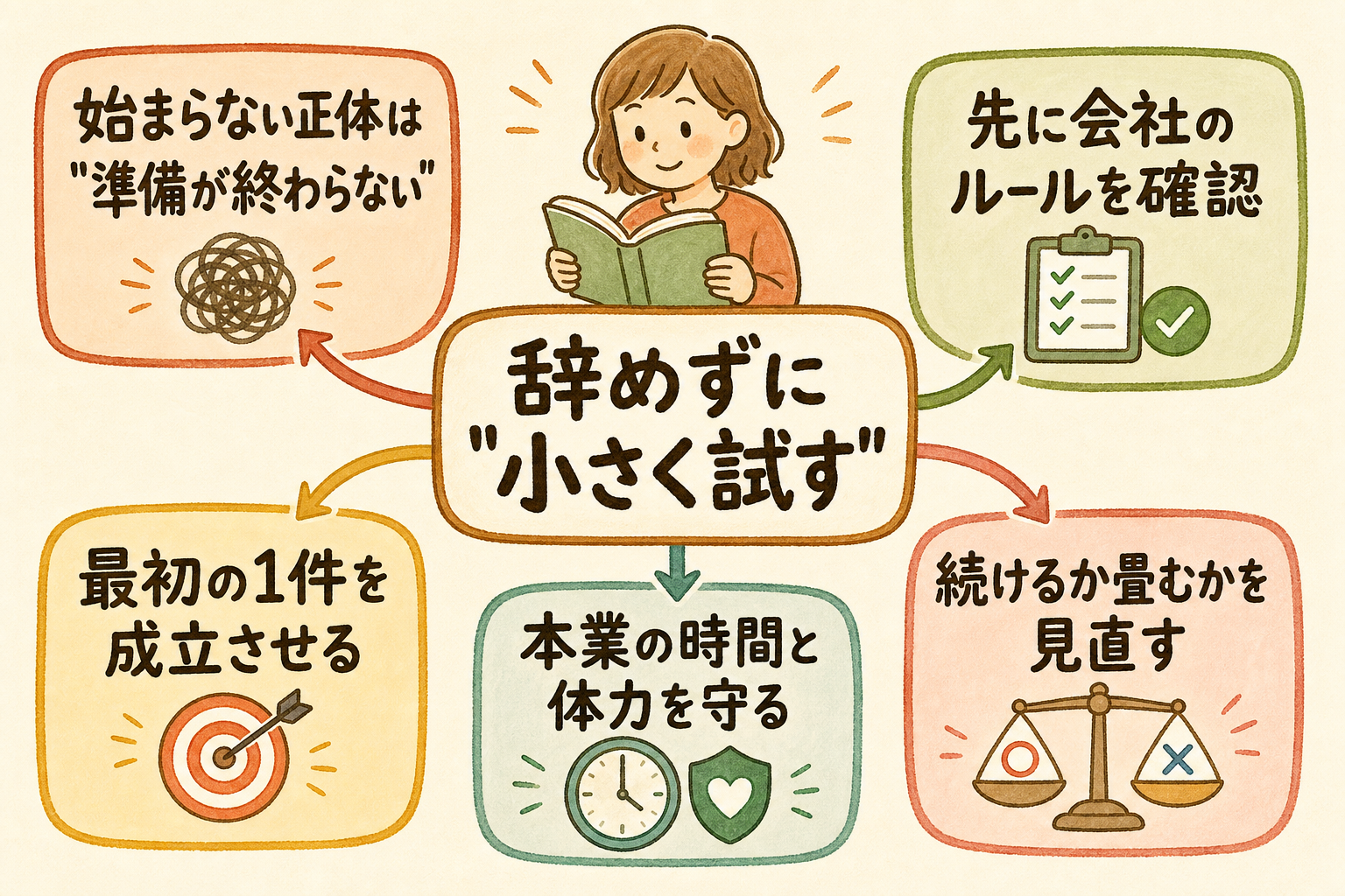 小さく始める副業——「会社員のまま」試す最初の一歩のマインドマップ